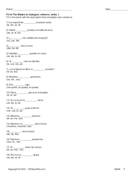 Reflexive Verbs Worksheet