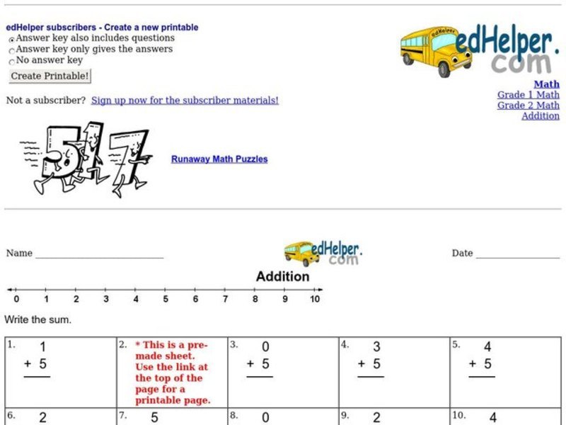 Addition - Single Digit Worksheet