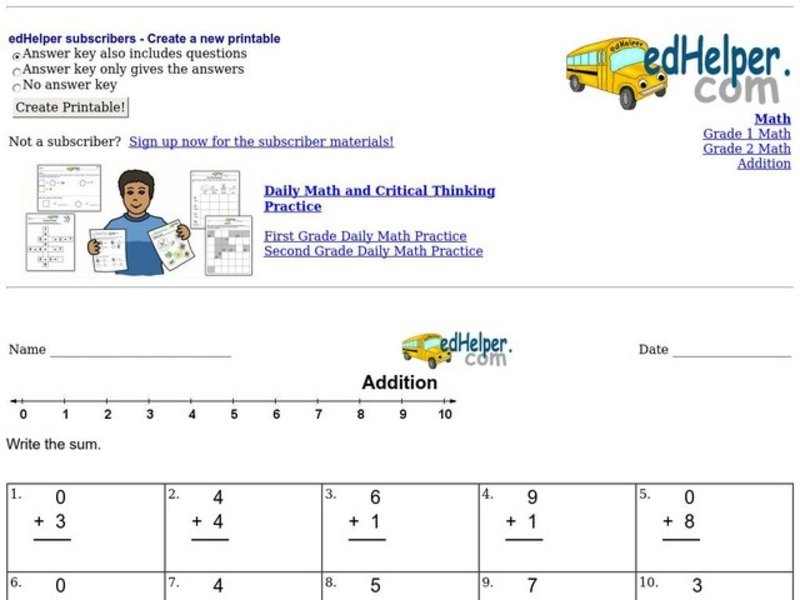 Addition - Single Digit Worksheet