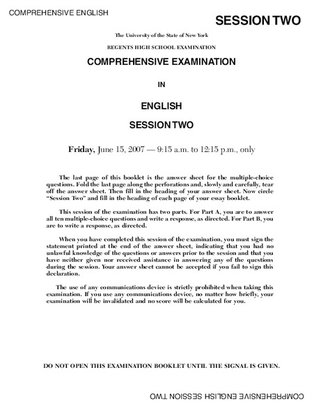 Regents High School Comprehensive Examination in English Session Two (2007) Lesson Plan