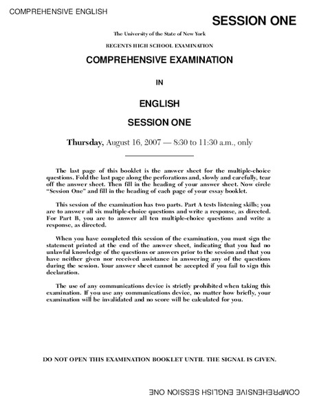 Regents High School Comprehensive Examination English Session One Lesson Plan