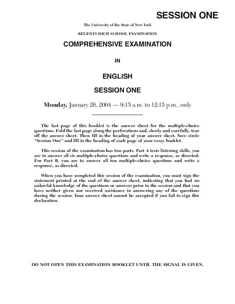 Regents High School Examination Comprehensive Examination in English Session One (2004) Lesson Plan