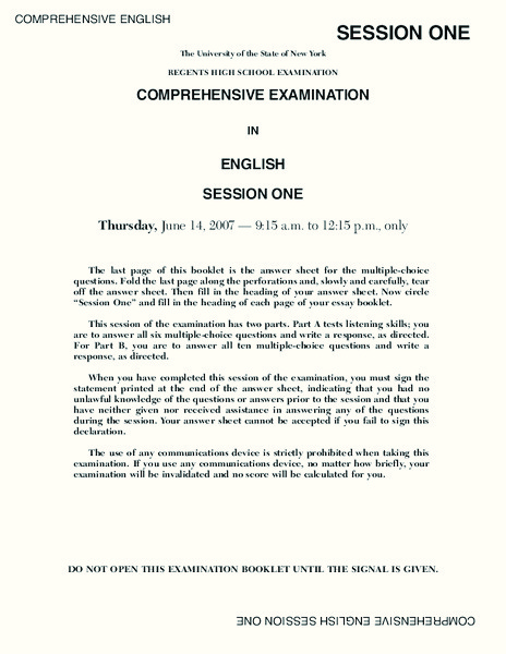 Regents High School Comprehensive Examination English Session One Lesson Plan