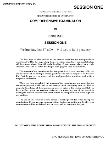 Regents High School Examination Comprehensive Examination in English Session One (2009) Lesson Plan