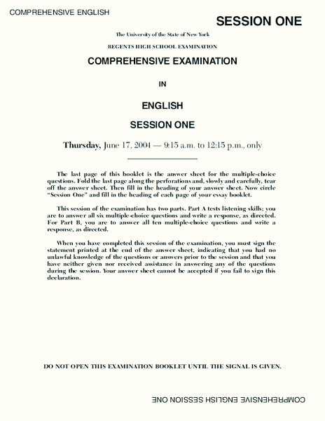 Regents High School Examination Comprehensive Examination in English Session One (2004) Lesson Plan