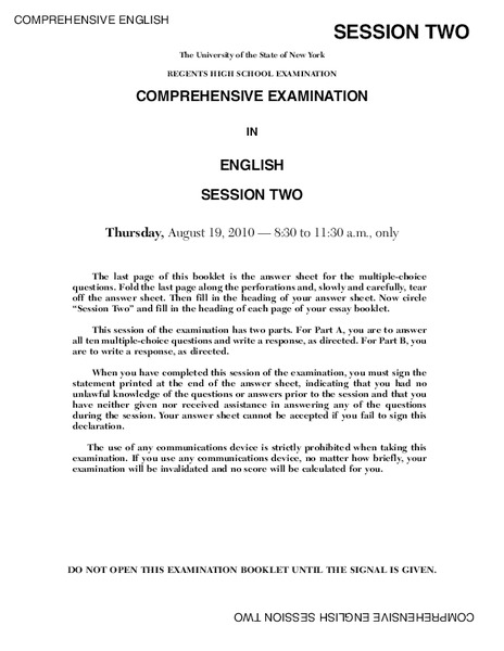 Regents High School Examination Comprehensive Examination in English Session Two (2010) Lesson Plan