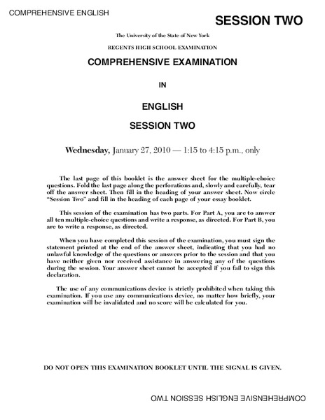 Regents High School Examination Comprehensive Examination in English Session Two (2010) Lesson Plan