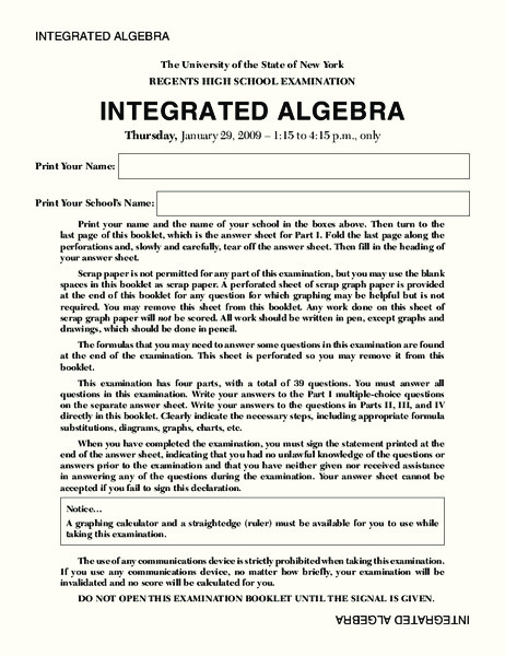 Regents High School Examination Integrated Algebra Lesson Plan