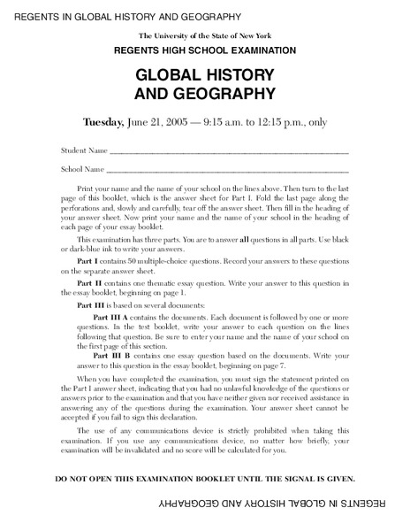 Regents High School Examination: Global History and Geography, 2005 Lesson Plan