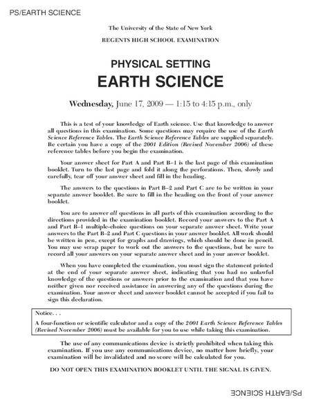 Regents High School Examination: Physical Setting Earth Science 2009 Worksheet