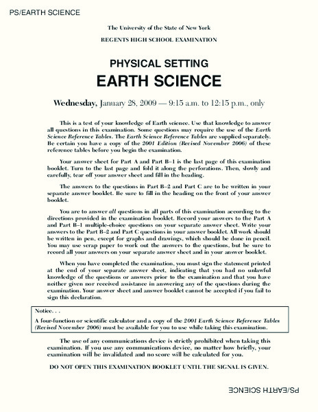 Regents High School Examination: Physical Setting Earth Science 2009 Lesson Plan