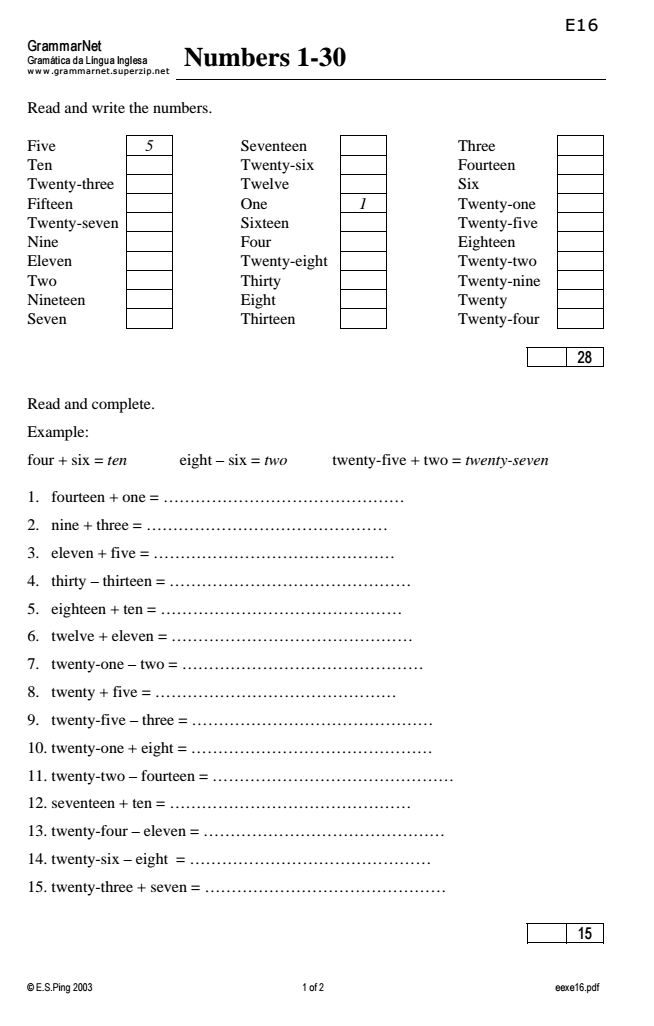 Numbers 1-30 Worksheet