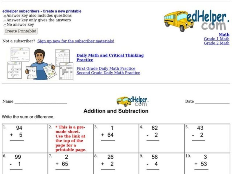 Addition and Subtraction Worksheet