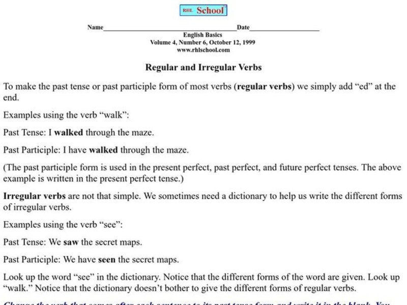 Regular And Irregular Verbs Worksheet