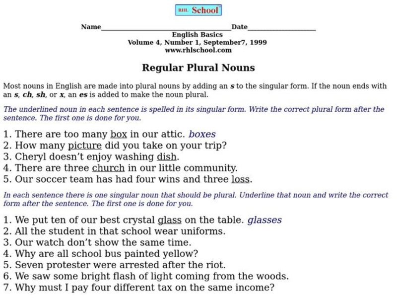 Regular Plural Nouns Worksheet