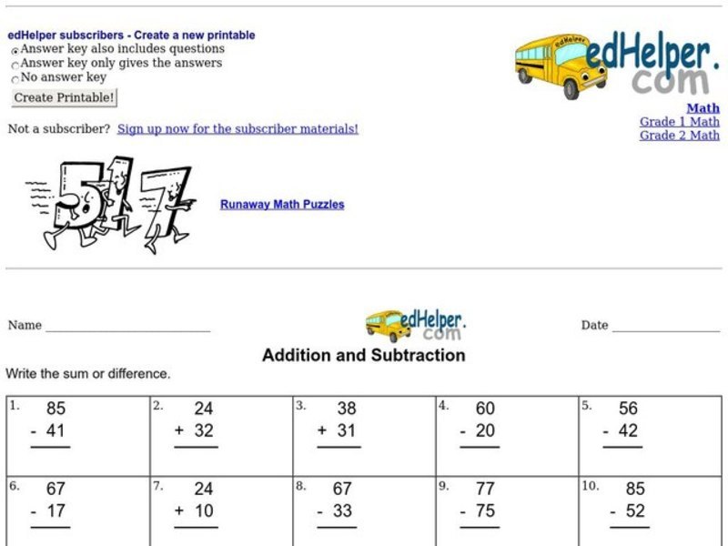 Addition and Subtraction 5 Worksheet