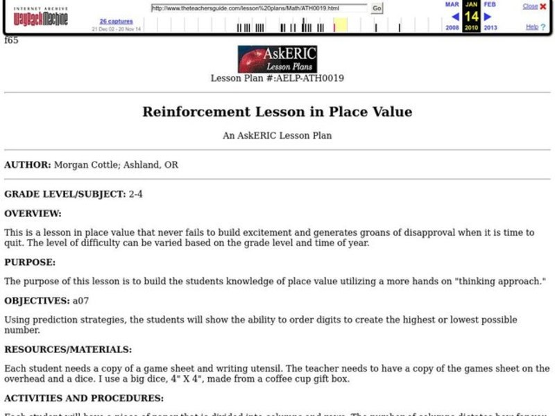 Reinforcement Lesson in Place Value Lesson Plan