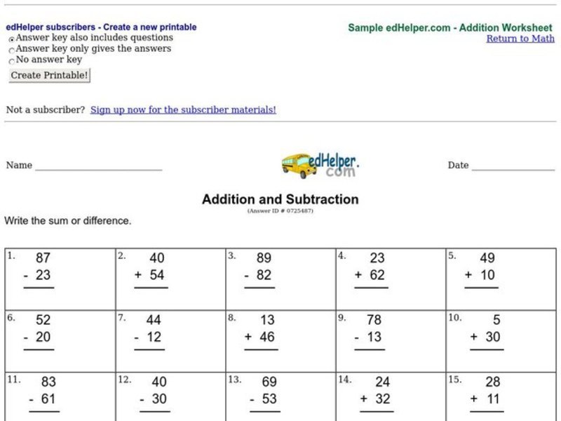 Addition and Subtraction Worksheet