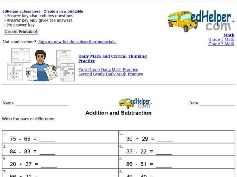 Addition and Subtraction Worksheet