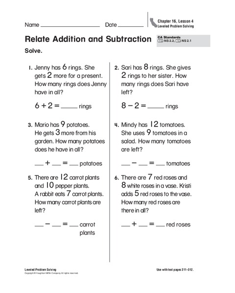 Relate Addition and Subtraction Worksheet
