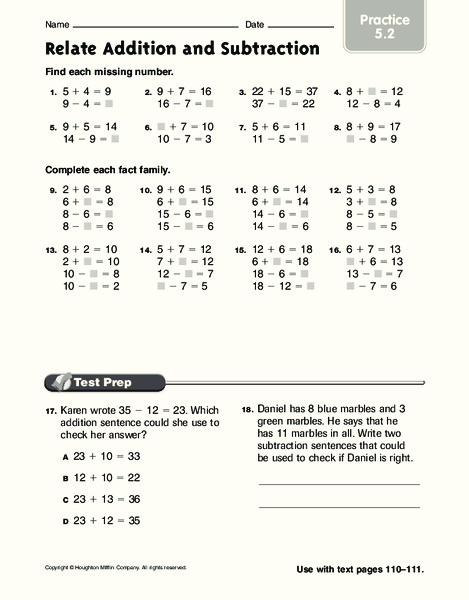 Relate Addition and Subtraction: Practice Worksheet