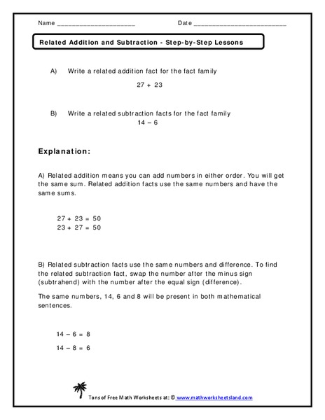 Related Addition and Subtraction Worksheet