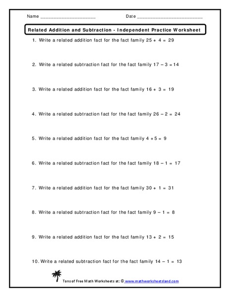 Related Addition and Subtraction Worksheet