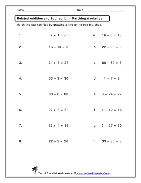 Related Addition and Subtraction Worksheet