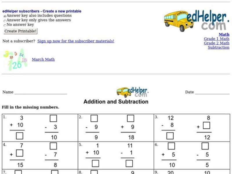 Addition and Subtraction Worksheet