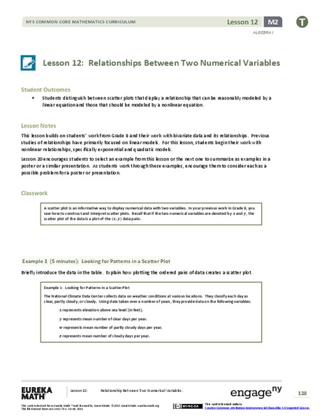 Relationships Between Two Numerical Variables Lesson Plan