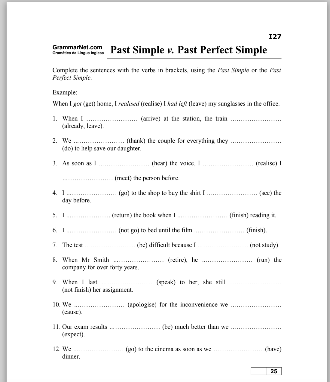Past Simple v. Past Perfect Simple Worksheet
