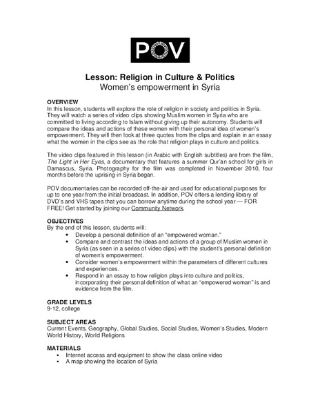 Religion in Culture & Politics: Women’s Empowerment in Syria Lesson Plan