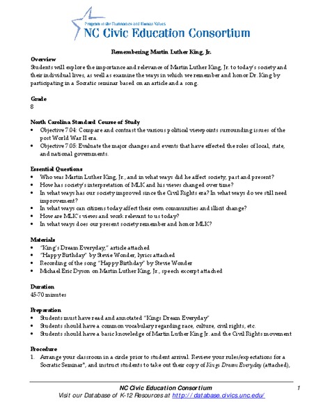 Remembering Martin Luther King, Jr. Lesson Plan