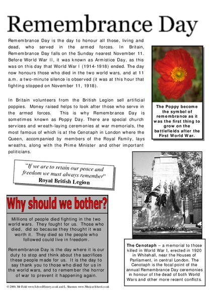 Remembrance Day Worksheet