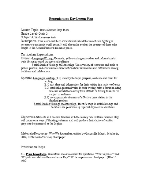 Remembrance Day Lesson Plan