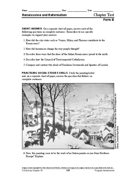 Renaissance and Reformation Chapter Test Worksheet