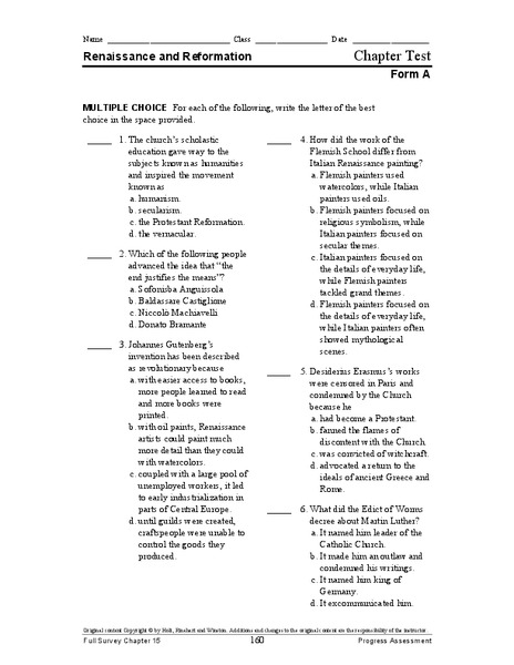 Renaissance and Reformation Chapter Test Worksheet