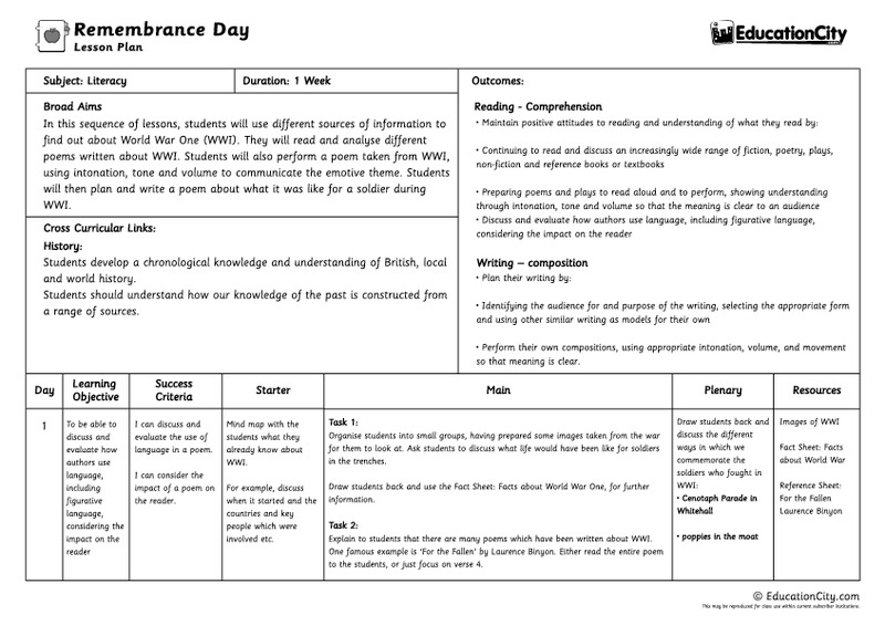 Remembrance Day Lesson Plan