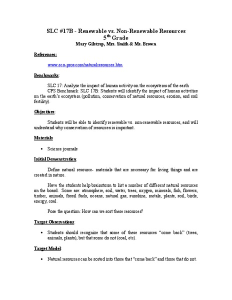 Renewable vs. Non-Renewable Resources Lesson Plan