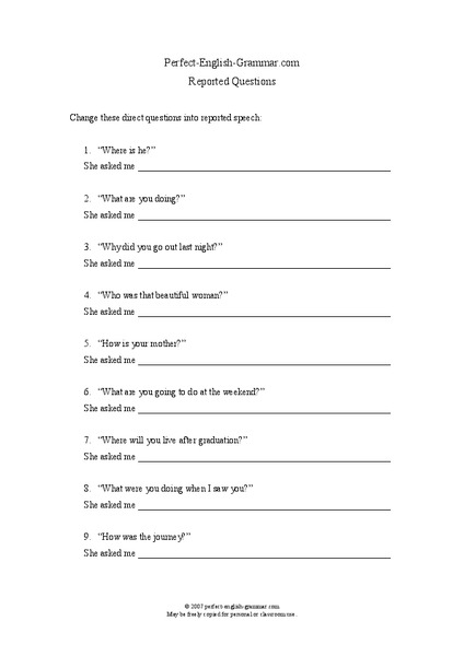 Reported Questions Worksheet