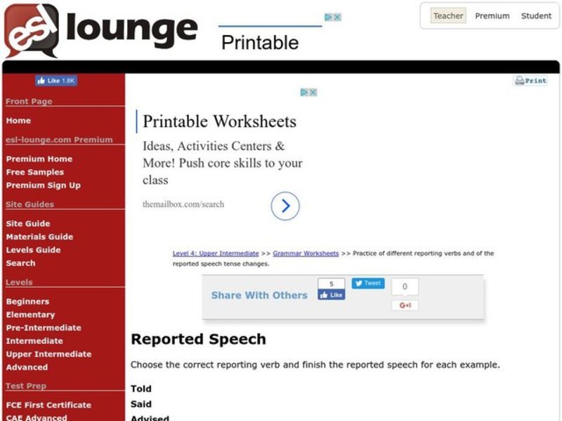 Reported Speech Worksheet