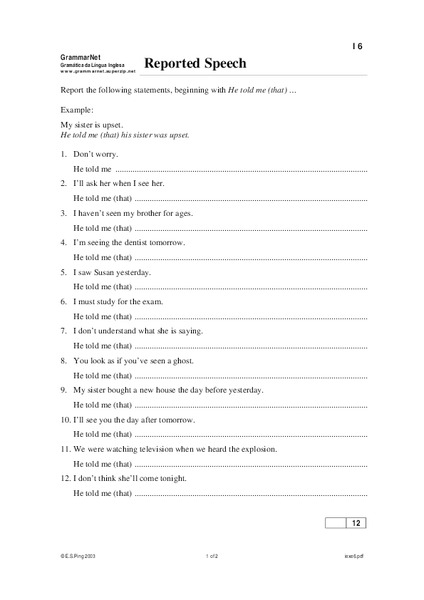 Reported Speech Worksheet
