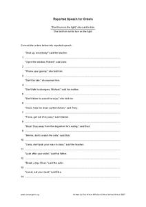 Reported Speech for Orders Worksheet