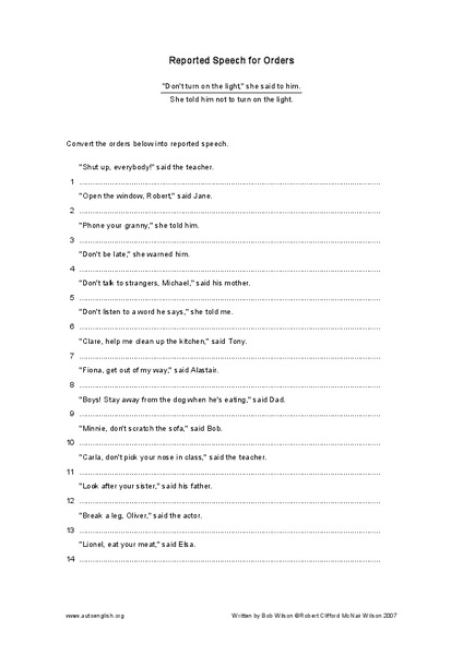Reported Speech for Orders Worksheet