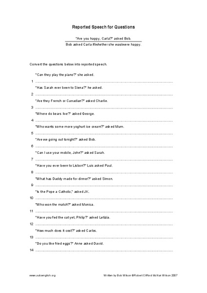 Reported Speech for Questions Worksheet