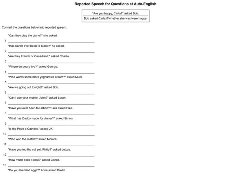 Reported Speech for Questions Interactive