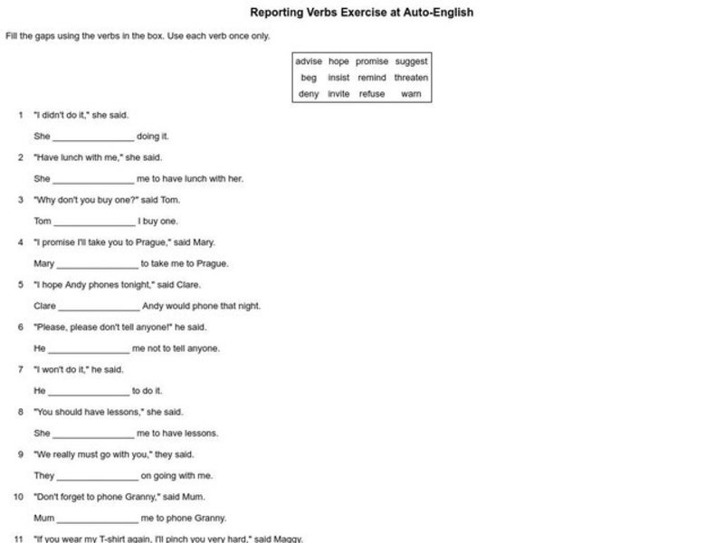 Reporting Verbs Exercise Interactive