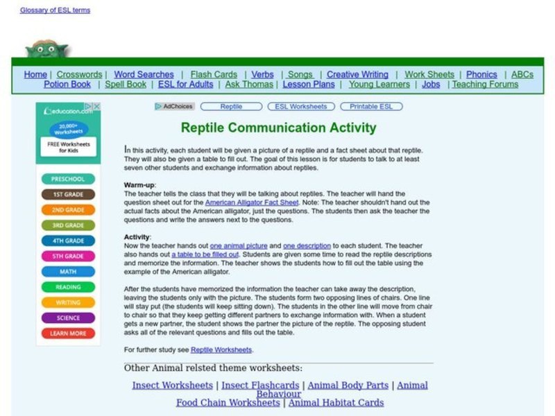 Reptile Crossword Worksheet