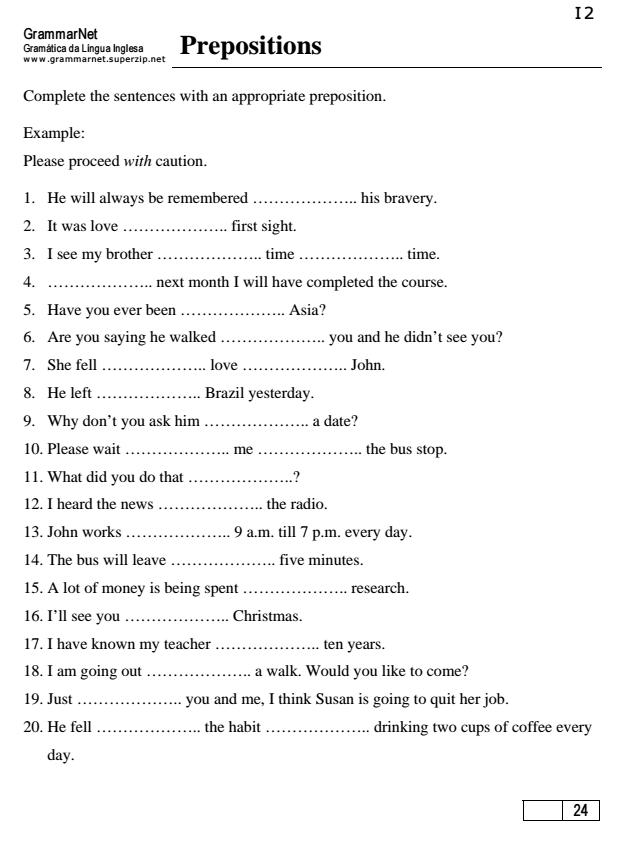 Prepositions Worksheet