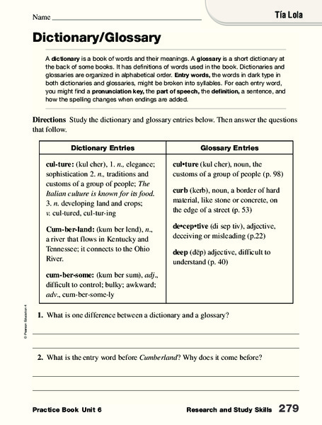 Research and Study Skills: Dictionary/Glossary Worksheet